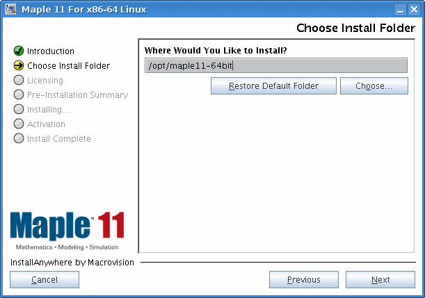A screenshot of the Maple Installer where the installation directory is picked