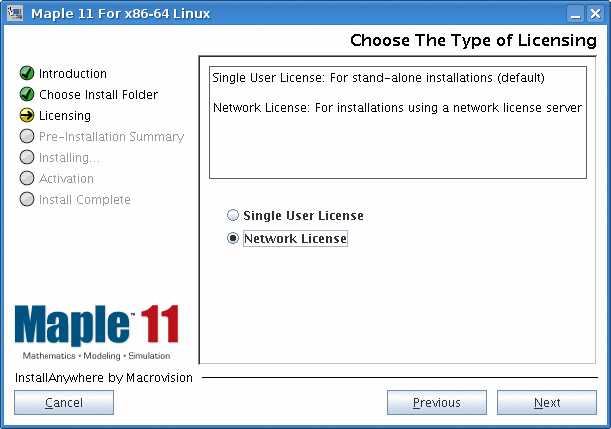 A screenshot of the Maple Installer where the type of licensing (Network) is picked