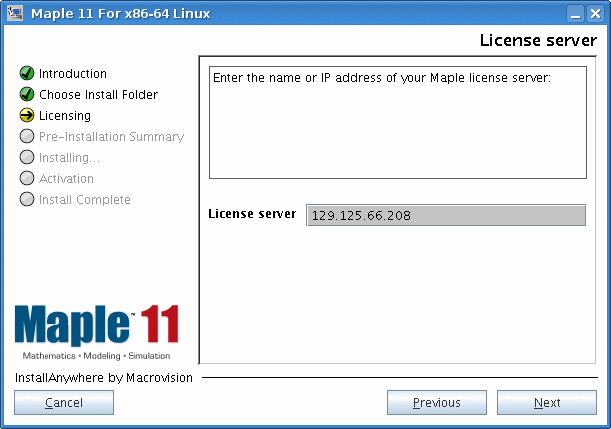 A screenshot of the Maple Installer where the IP number of the License Server must be typed out