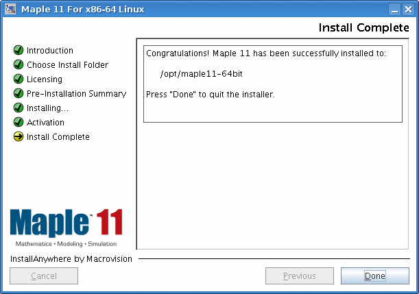 A screenshot of the Maple Installer where the completion of the installation is declared